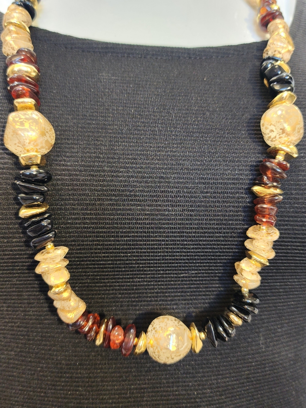 1990s Y2K Long Beaded Necklace Black Brown Gold Foil Chip Beads Boho Statement